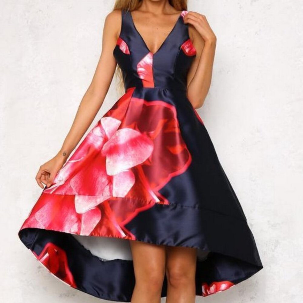 Hello Molly Navy & Red Floral Midi Dress Women's Size 8